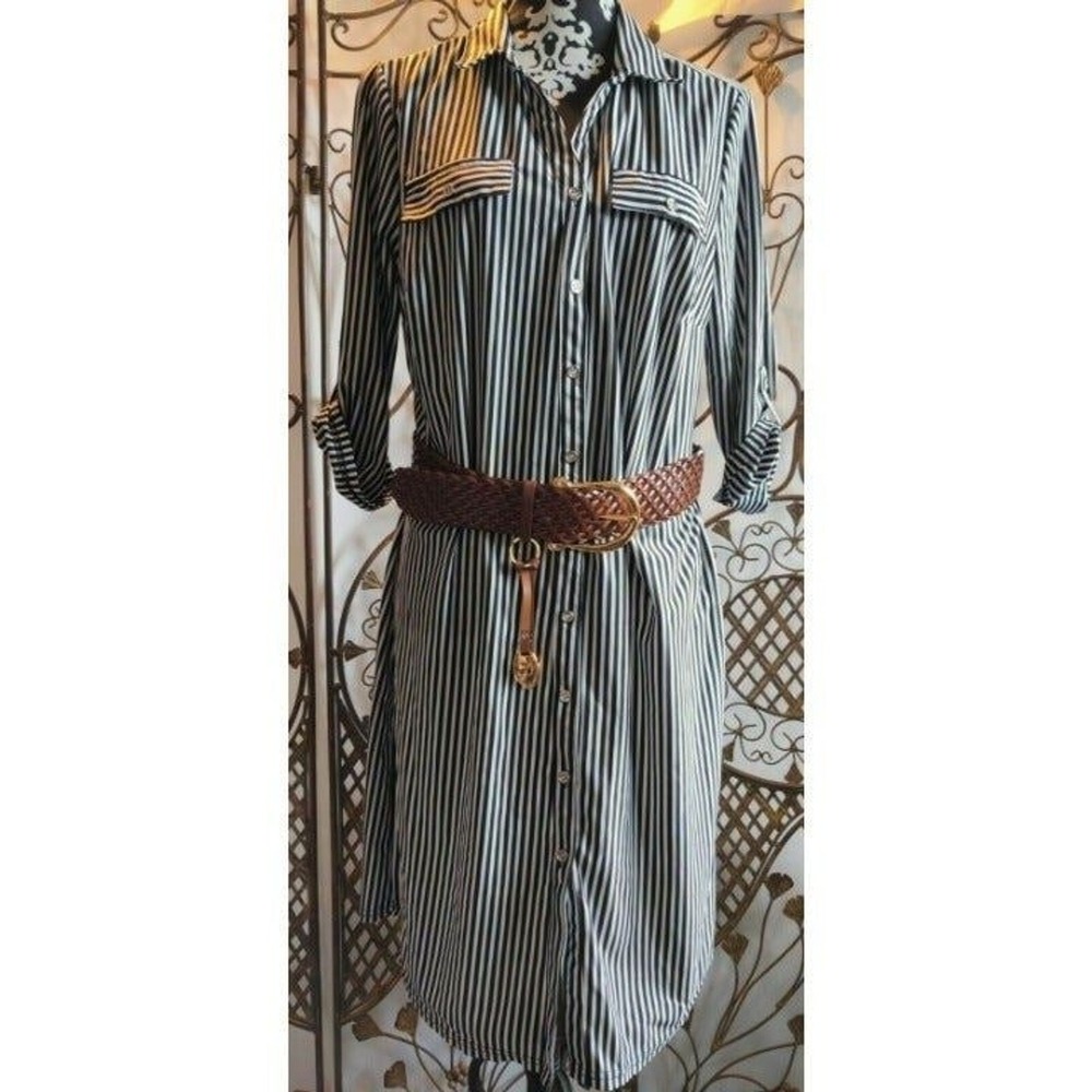 Mlle Gabrielle Womens Button Up Black White Stripe Shirt Dress Size PXL